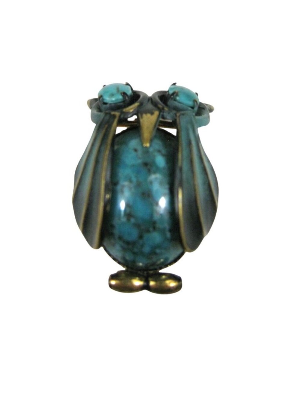 Vintage Turquoise Cabochon Enamel Owl Pin Brooch Germany Gold Tone 1 in 1960s